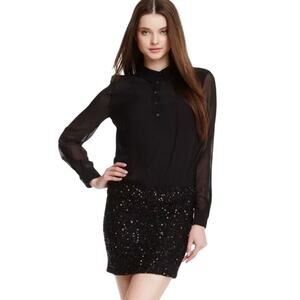 Haute Hippie Shirt Mini Dress M Black Silk Blend Sequin Beads Evening Party NWOT